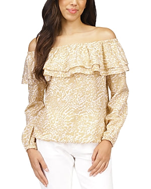 MICHAEL Michael Kors Women's Animal-Print Off-The-Shoulder Top Small Beige White