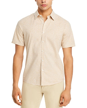Michael Kors Leaf Print Short Sleeve Button Stretch Slim Fit Shirt Large