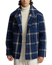 Polo Ralph Lauren Men Wool Blend Plaid Double Breasted Ranch Pea Coat Large Blue