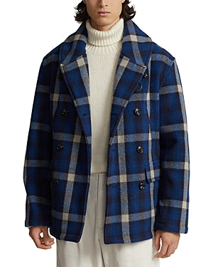 Polo Ralph Lauren Men Wool Blend Plaid Double Breasted Ranch Pea Coat Large Blue