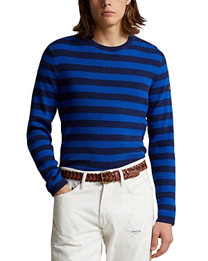 Polo Ralph Lauren Ribbed Knit Stripe Cotton Cashmere Crewneck Sweater Blue Small