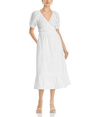 vineyard vines Women's Marina Poplin Puff-Sleeve Midi Dress XS White V Neck