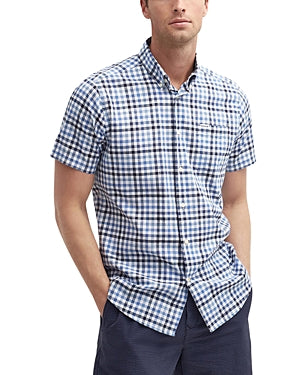 Barbour Men Slim fit Short Sleeve Button-Up Shirt XXL Blue Check