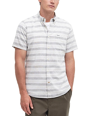 Barbour Mens Modern fit Short Sleeve Button-Up Shirt XL Olive Green White Stripe