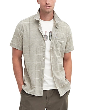 Barbour Mens Regular fit Short Sleeve Button-Up Shirt Small Green Linen