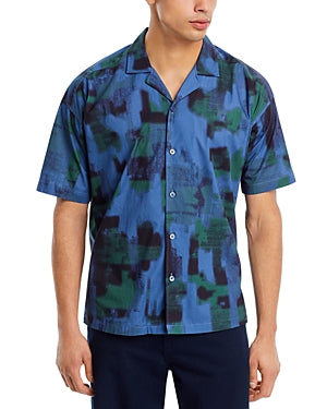 Boss Mens Relaxed fit Short Sleeve Button-Up Shirt Small Blue Geometric