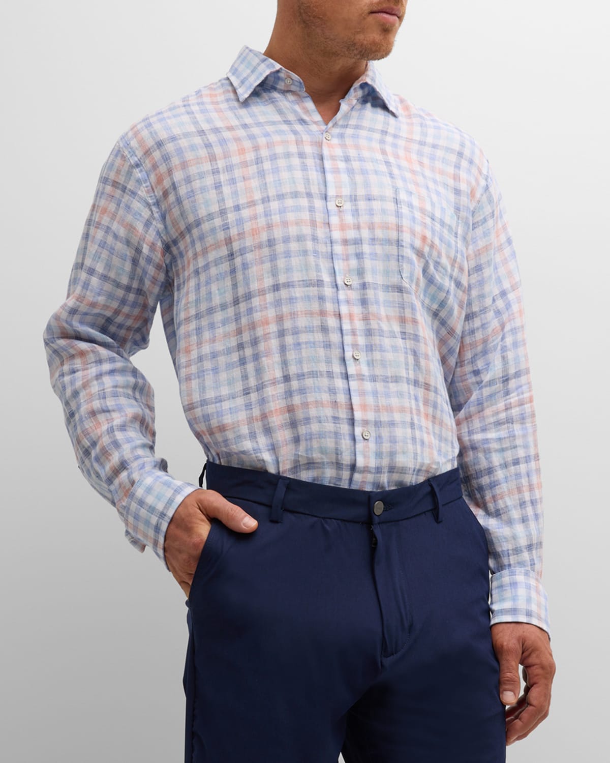Peter Millar Mens Regular fit Long Sleeve Button-Up Shirt Small White Plaid