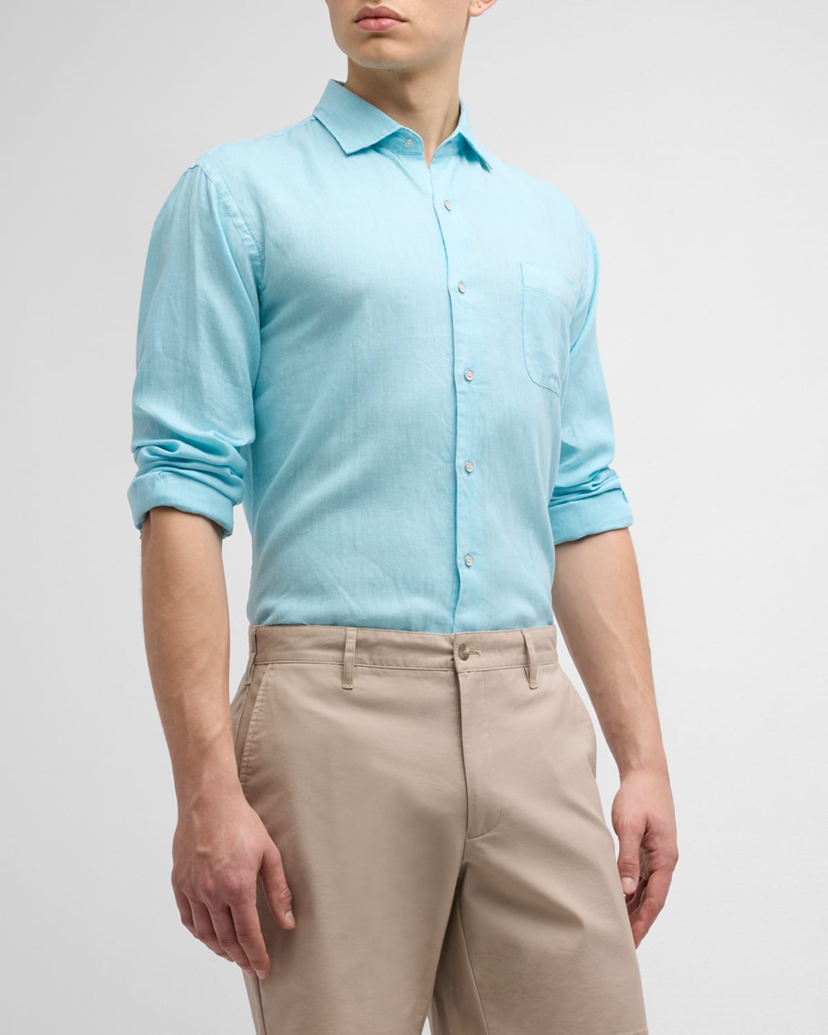 Peter Millar Mens Regular fit Long Sleeve Button-Up Shirt Small Aqua Blue Solid