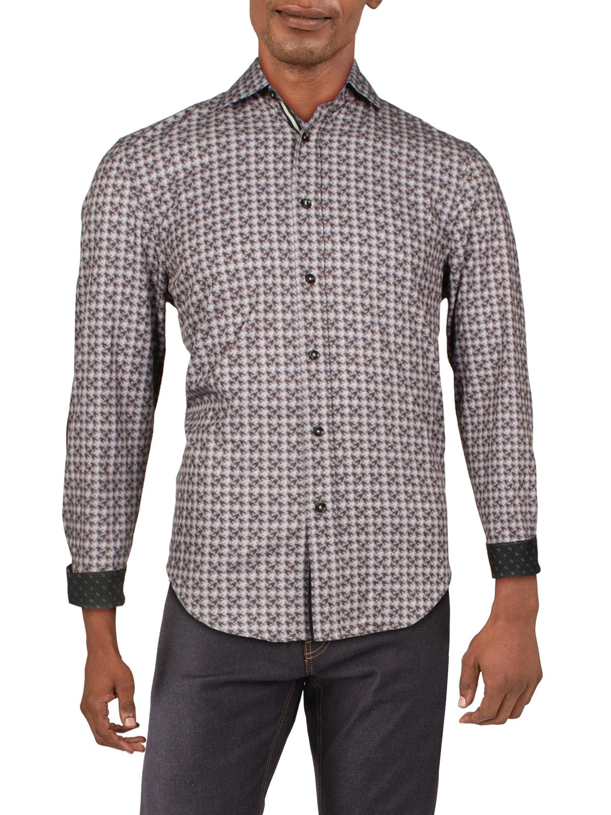 Society of Threads Mens Houndstooth Wrinkle Free Button Down Shirt Grey Large