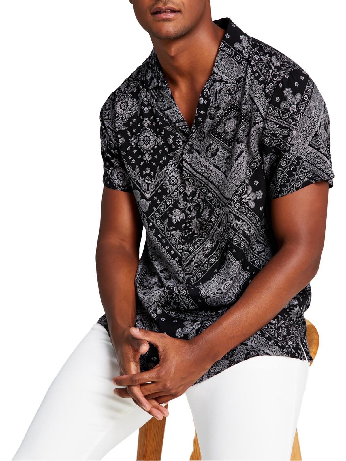 And Now This Mens Paisley Collared Button-Down Short Sleeve Shirt Black 2XL