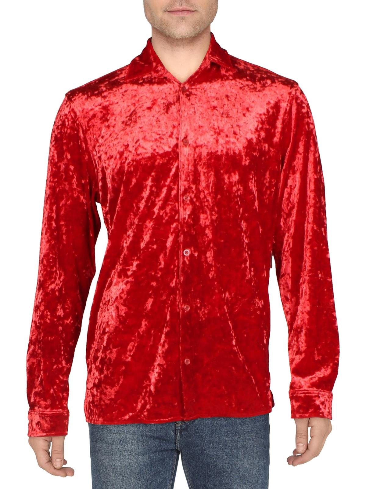 I.N.C International Concepts Mens Velvet Crinkled Button Down Shirt Red XS