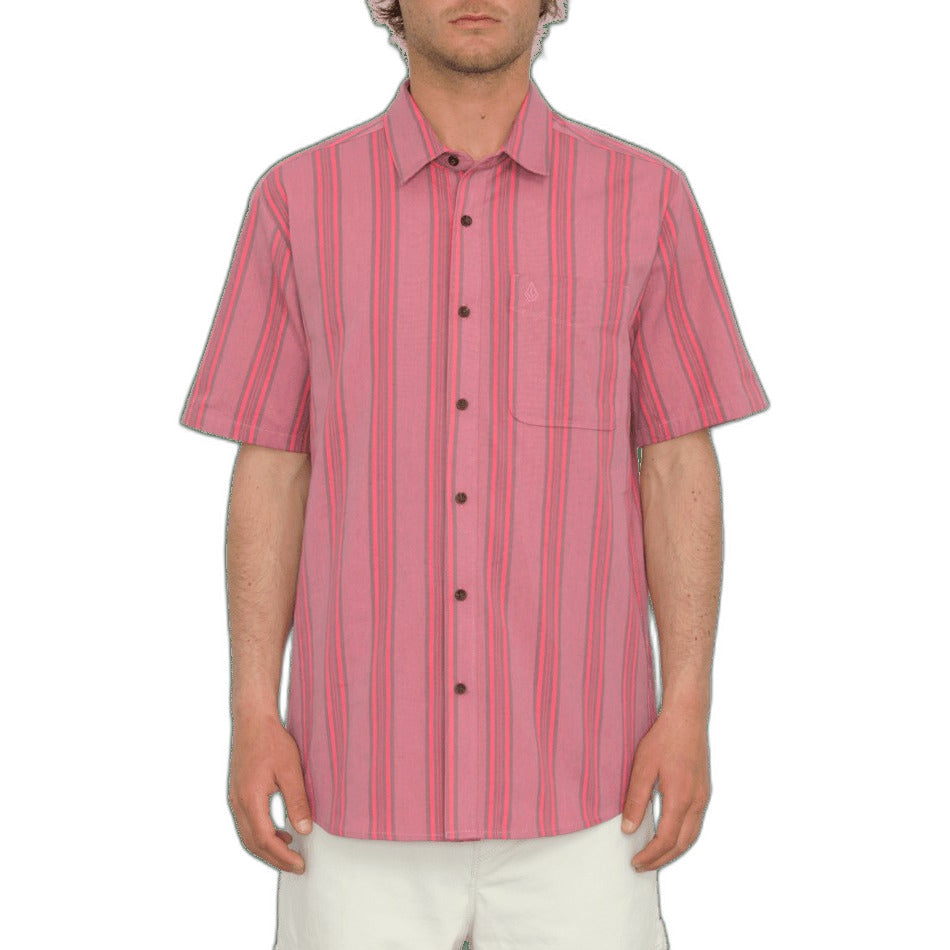Volcom Mens Classic fit Short Sleeve Button-Up Shirt Medium Red Striped