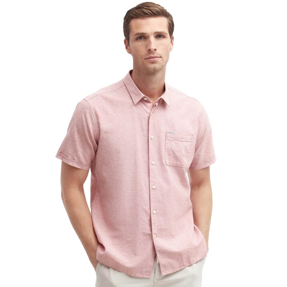 Barbour Men Regular fit Short Sleeve Button-Up Shirt Large Pink Solid Linen