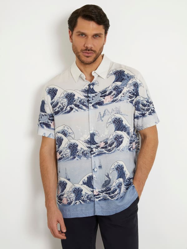 Guess Mens Regular fit Short Sleeve Button-Up Shirt XXL Blue White Pacific