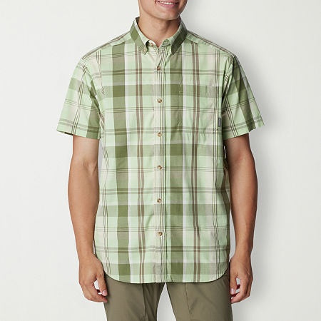 Columbia Mens Regular fit Short Sleeve Button-Up Shirt Large Green Plaid