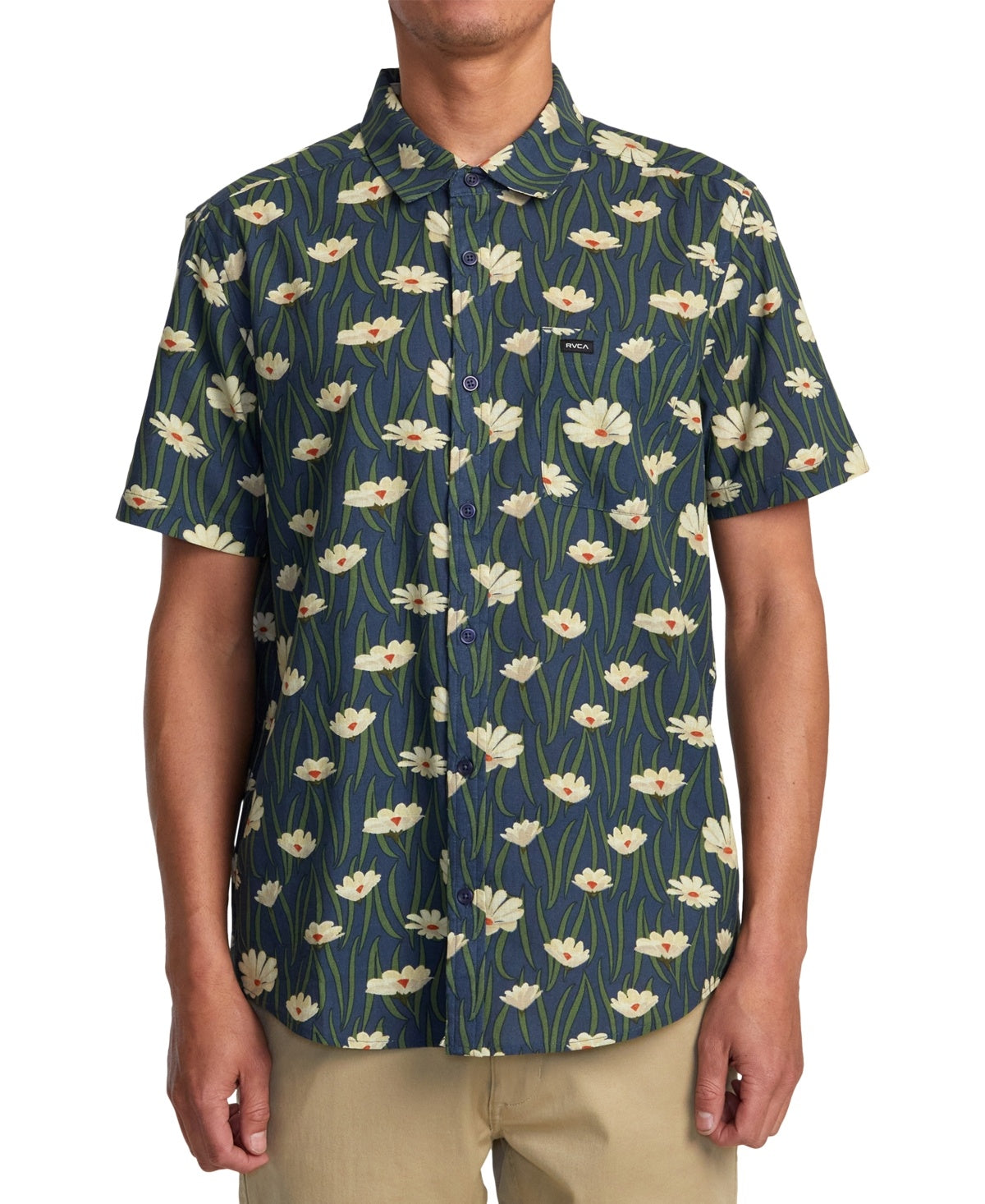 Rvca Mens Regular fit Short Sleeve Button-Up Shirt Large Blue Floral