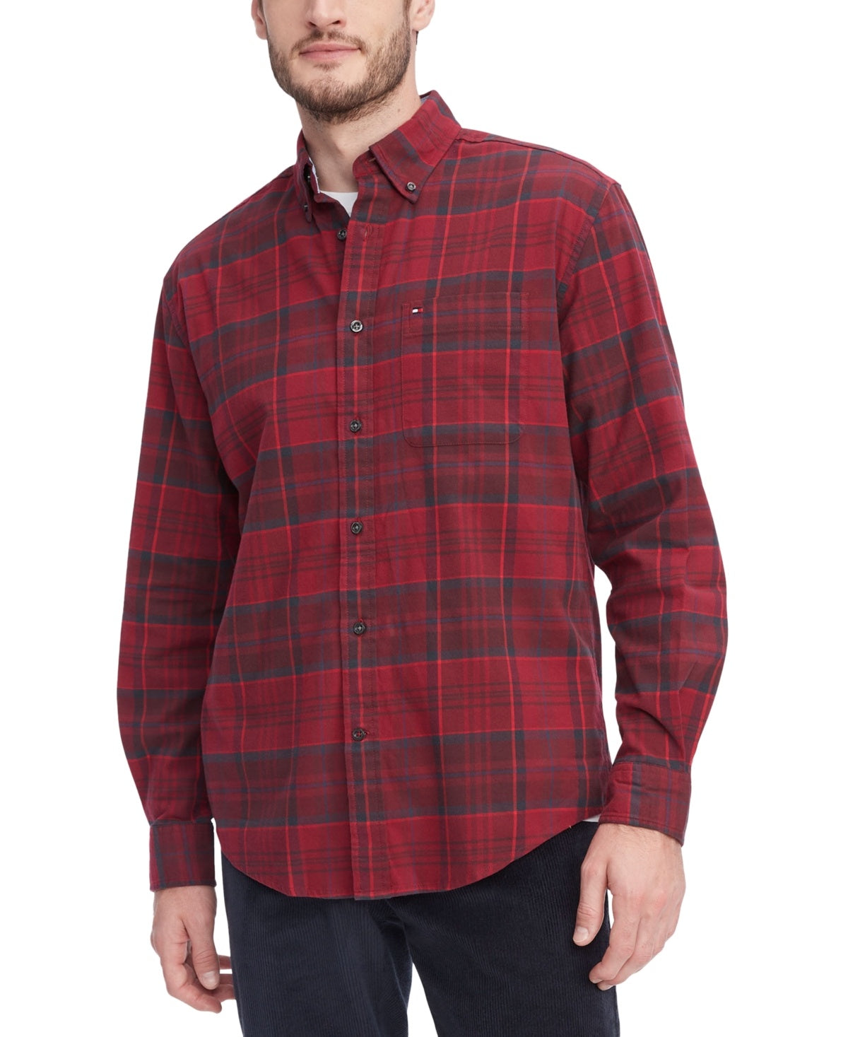 Tommy Hilfiger Men's Big Tall Regular-Fit Plaid Button-Down Twill Shirt 5XL Red