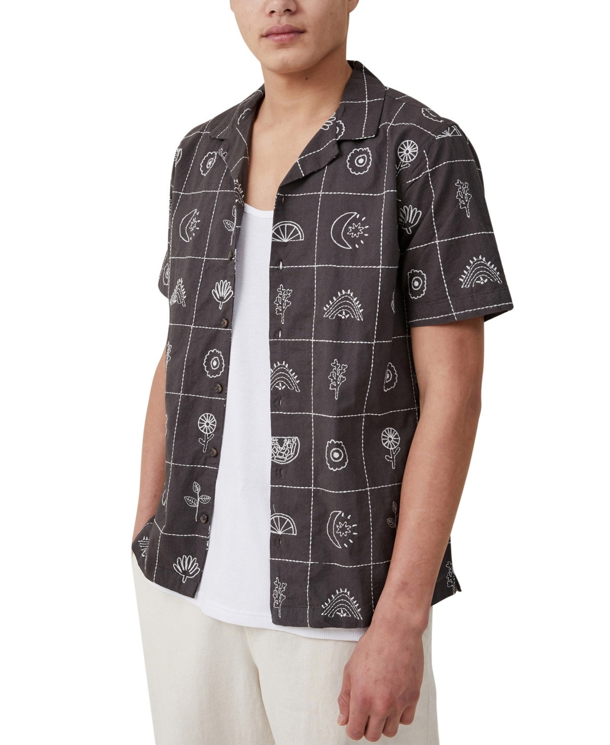 Cotton On Mens Regular fit Short Sleeve Button-Up Shirt Medium Black Grid