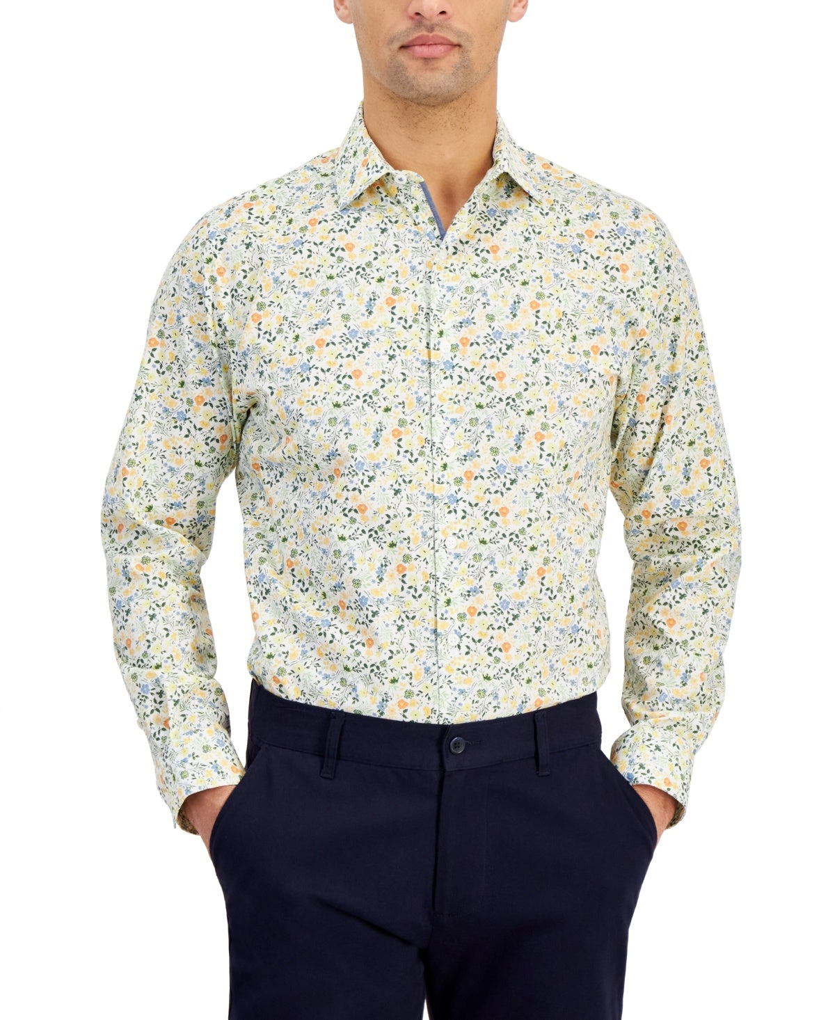 Bar Iii Mens Slim fit Long Sleeve Button-Up Shirt Small Yellow Floral
