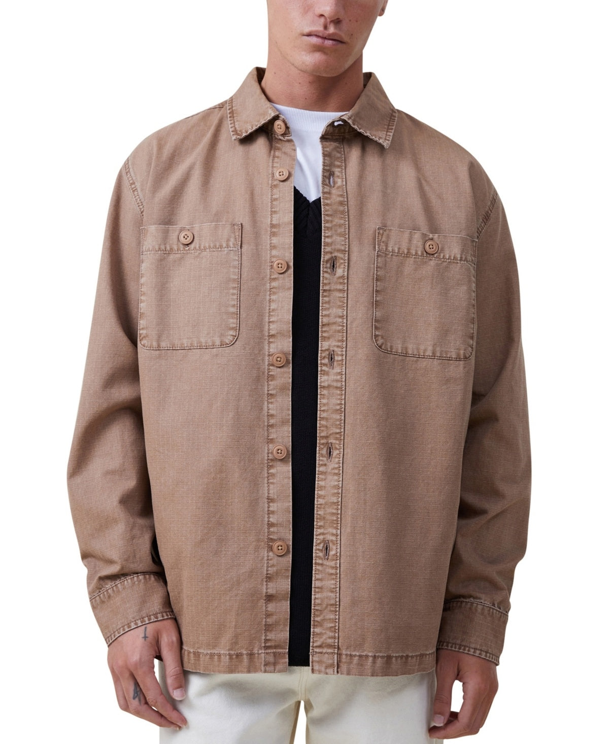 Cotton On Men Regular fit Button-Up Shirt Medium Beige Solid