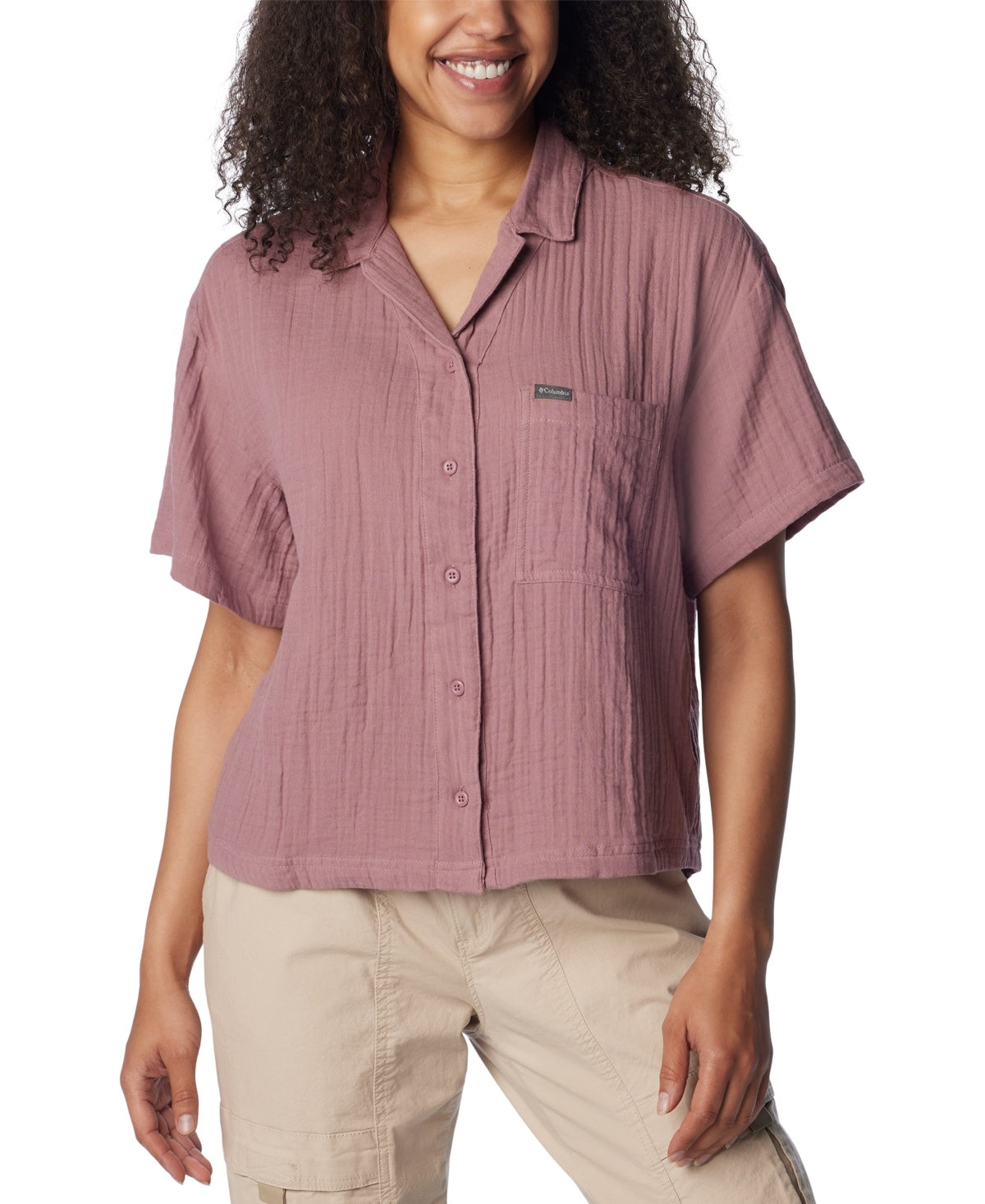 Columbia Women Regular fit Short Sleeve Button-Up Shirt Small Pink Solid