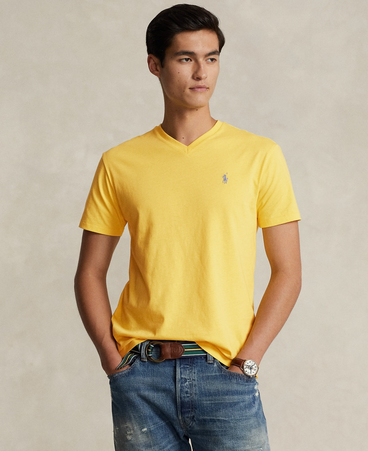 Polo Ralph Lauren Mens Classic fit V Neck Short Sleeve T-Shirt Shirt Small Yellow Solid