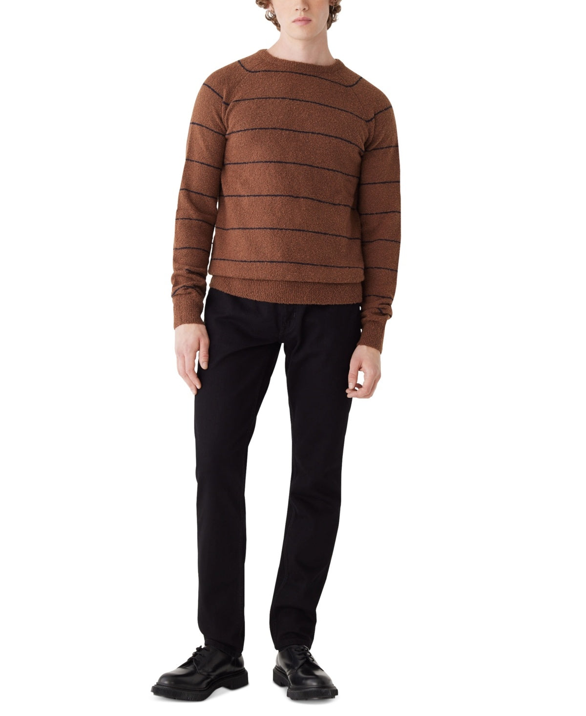 Frank And Oak Mens Striped Crewneck Long Sleeve Sweater Cappuccino Brown Medium