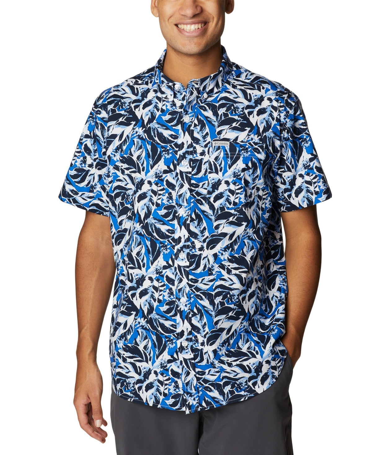 Columbia Men Regular fit Short Sleeve Button-Up Shirt Large Blue Floral