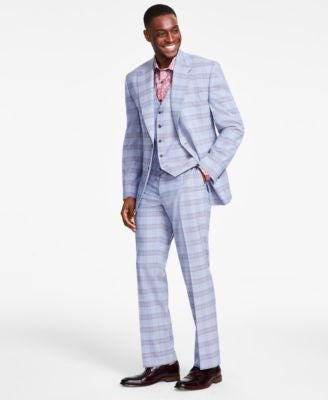 Tayion Collection Men Classic fit Dress Pants 32 / 30 Blue Tan Plaid
