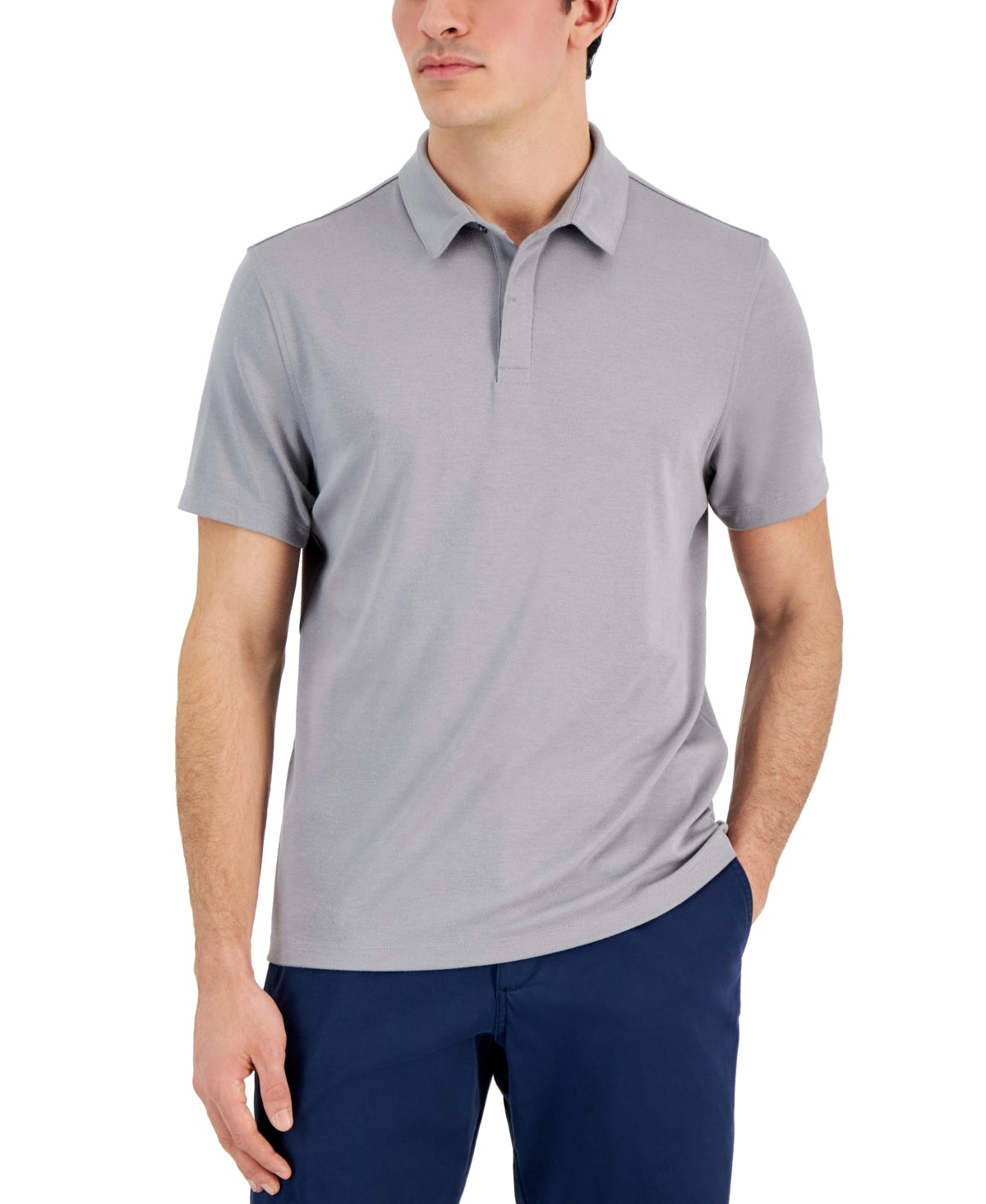 Alfani Mens Regular fit Short Sleeve Polo Shirt Large Grey Solid Stretch