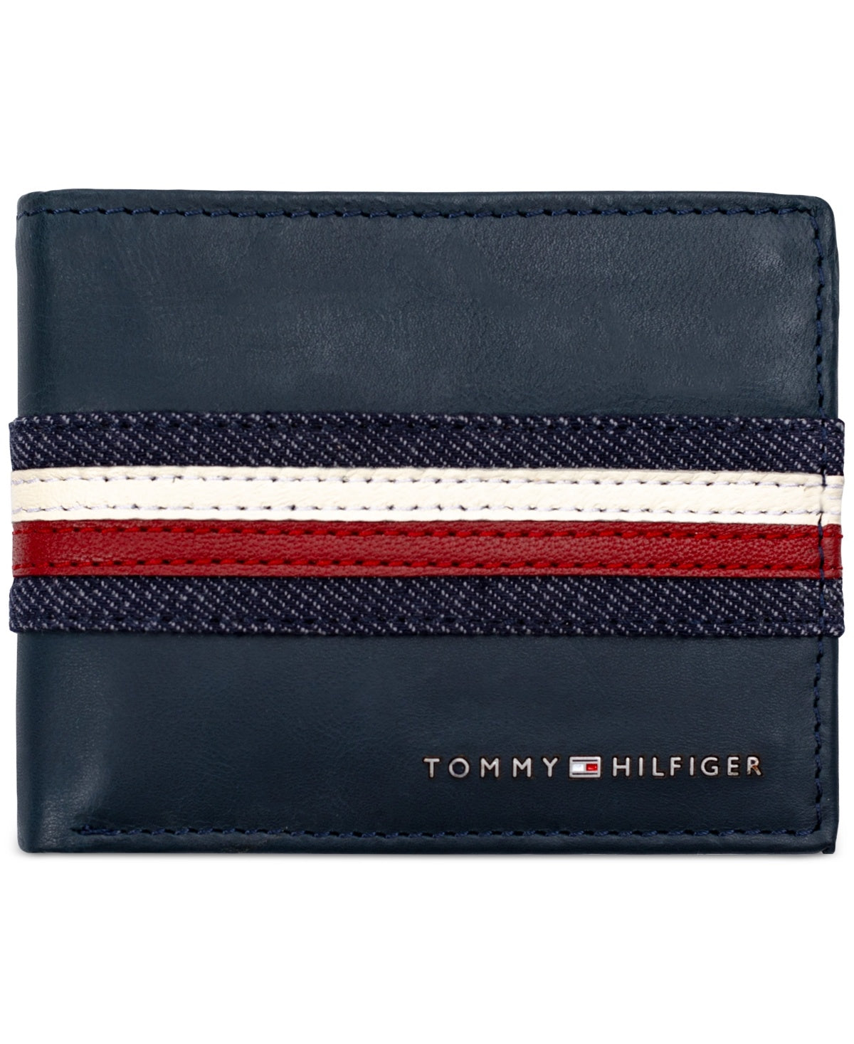 Tommy Hilfiger Men's Denim Stripe Overlay Leather RFID Passcase Wallet Blue