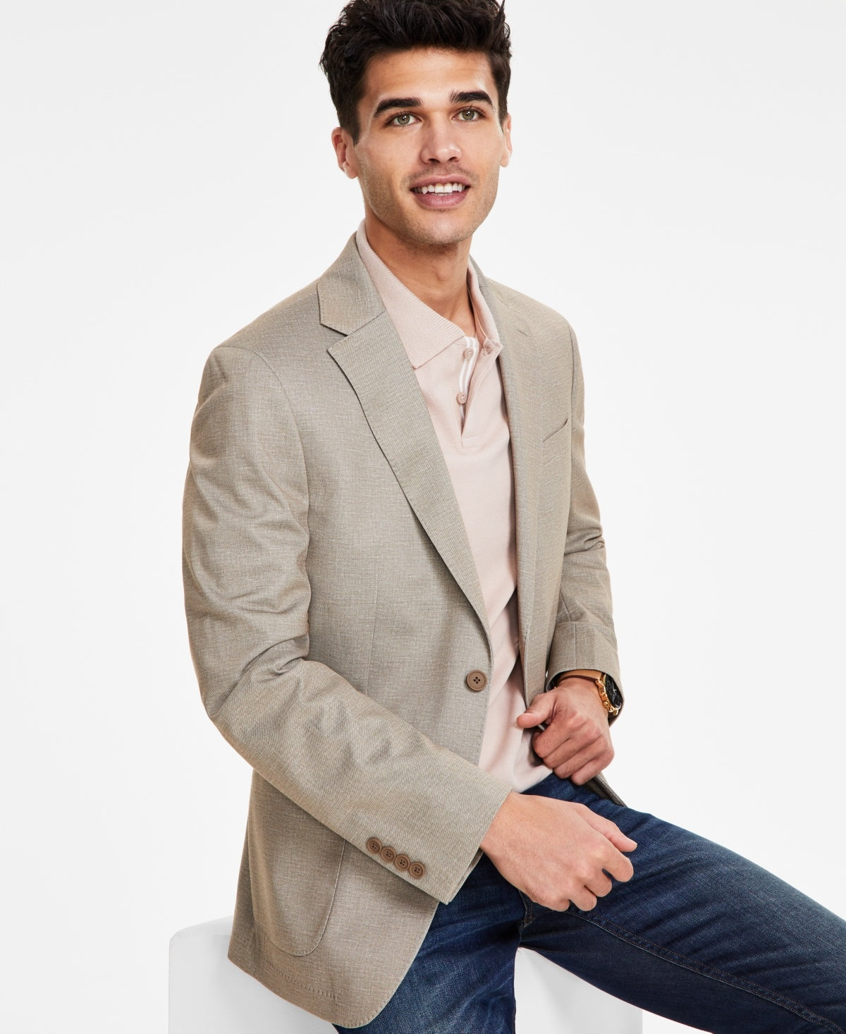 Calvin Klein Mens Slim fit Sport Coat Blazer 42 S Beige Solid Stretch