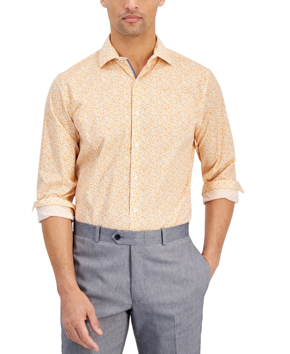 Bar Iii Mens Slim fit Dress Shirt Large 16-16.5 Long Sleeve Orange Floral