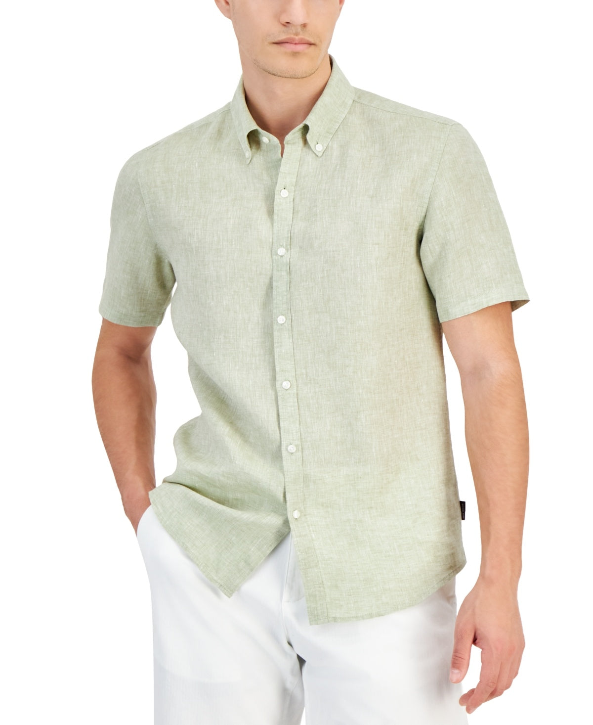 Michael Kors Men Slim fit Short Sleeve Button-Up Shirt XS Green Solid