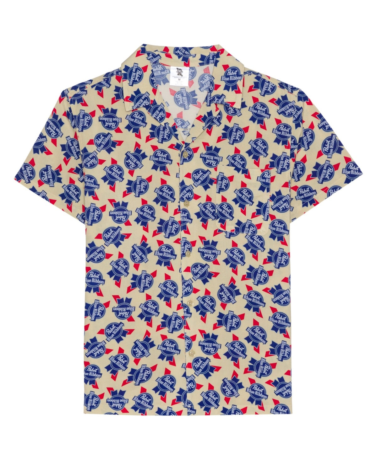 Hybrid Mens Regular fit Short Sleeve Button-Up Shirt Small Beige Pabst Graphic