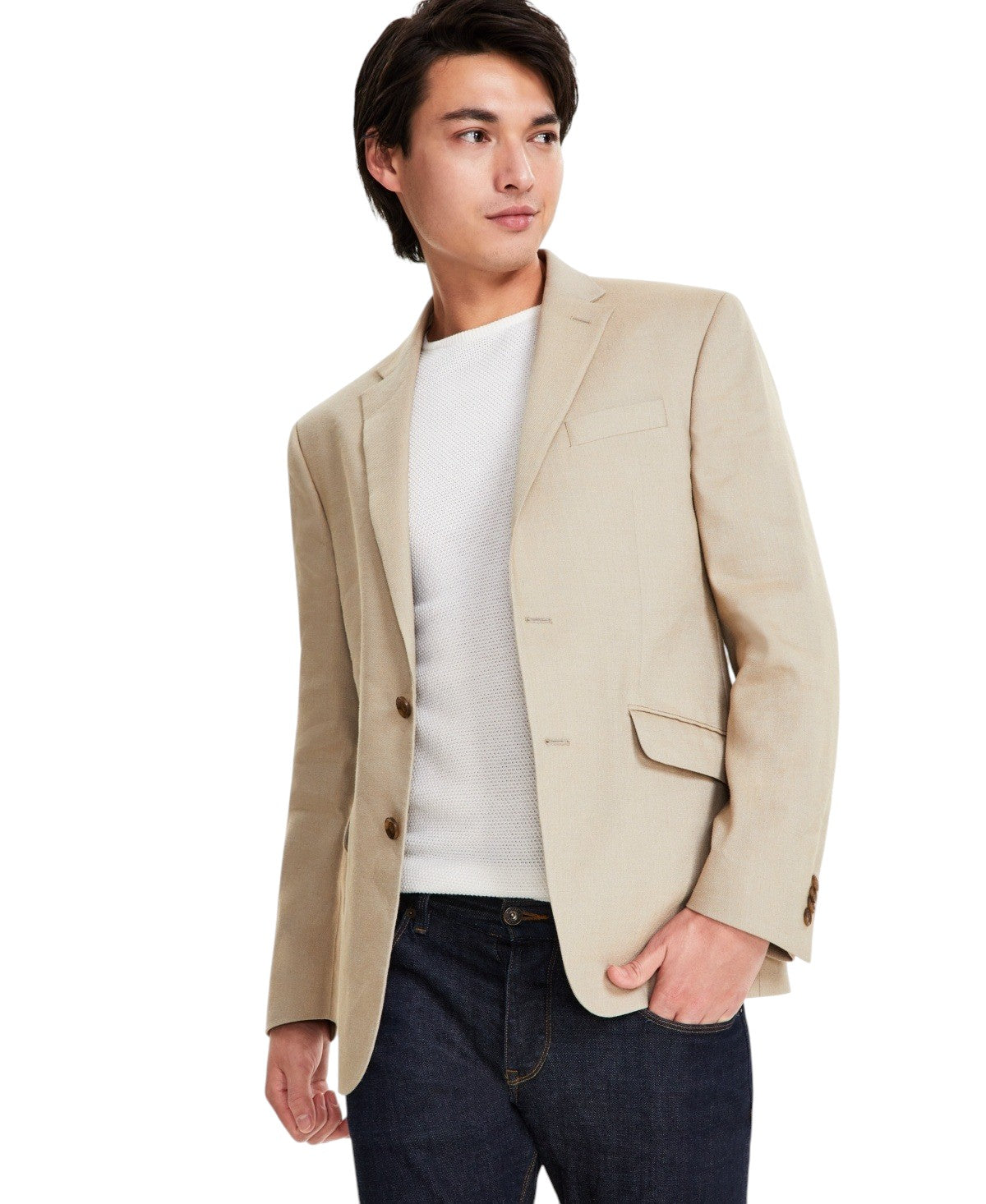 Kenneth Cole Mens Slim fit Sport Coat Blazer 38 L Tan Beige Solid Stretch Linen