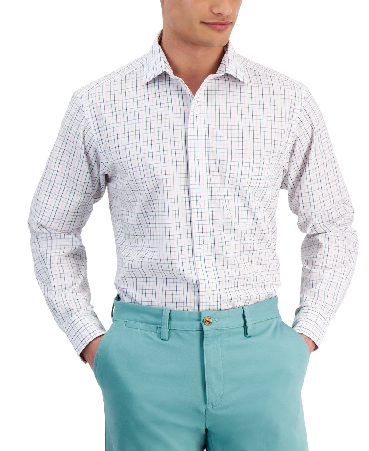 Club Room Mens Regular fit Dress Shirt Large 16 in 34-35 Green Plaid