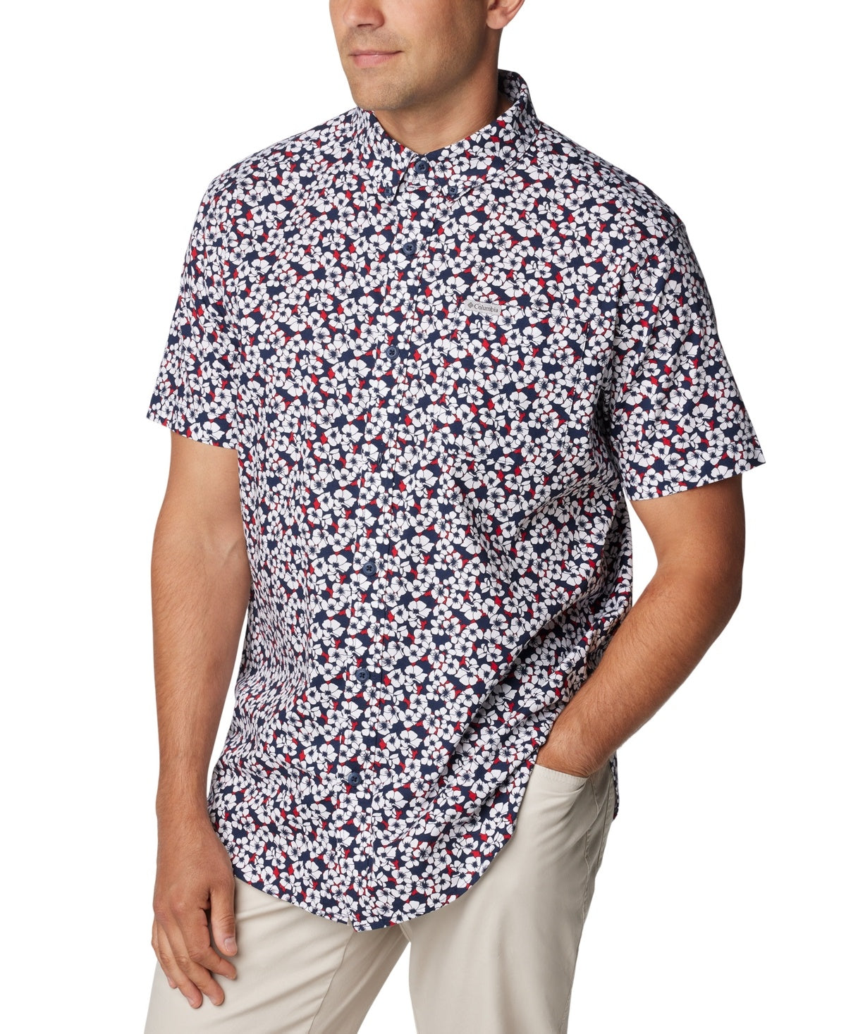 Columbia Men Regular fit Short Sleeve Button-Up Shirt Medium Blue Floral