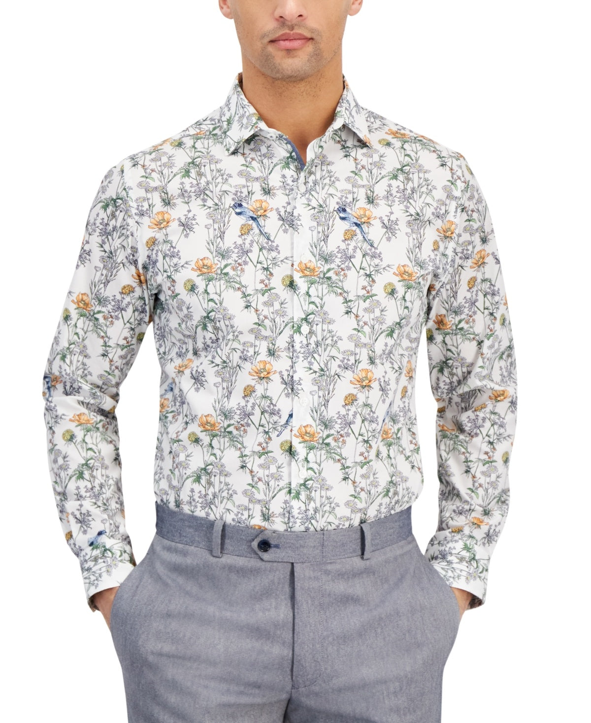 Bar Iii Mens Slim fit Dress Shirt Large 16-16.5 Long Sleeve White Apricot Floral