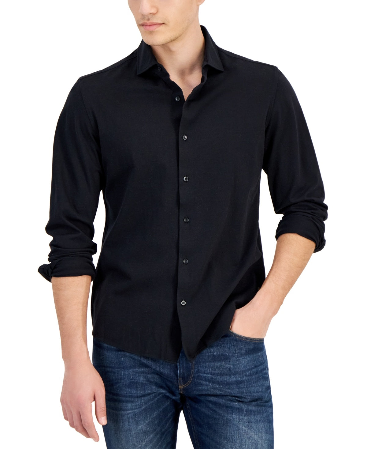 Michael Kors Mens Men Slim fit Long Sleeve Button-Up Shirt Medium Black Solid