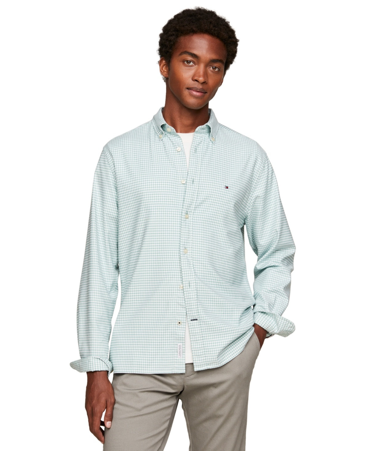 Tommy Hilfiger Mens Regular fit Long Sleeve Button-Up Shirt Small Green Check