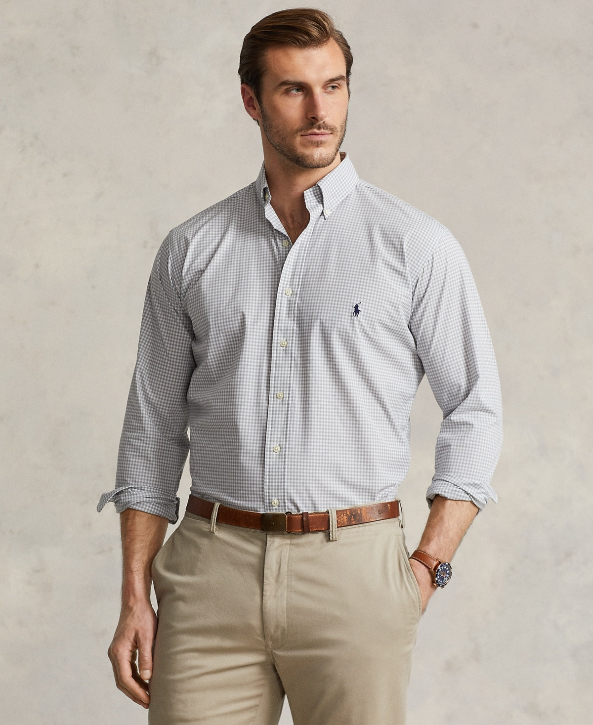 Polo Ralph Lauren Men's Big & Tall Plaid Stretch Poplin Shirt Grey White 4XLT