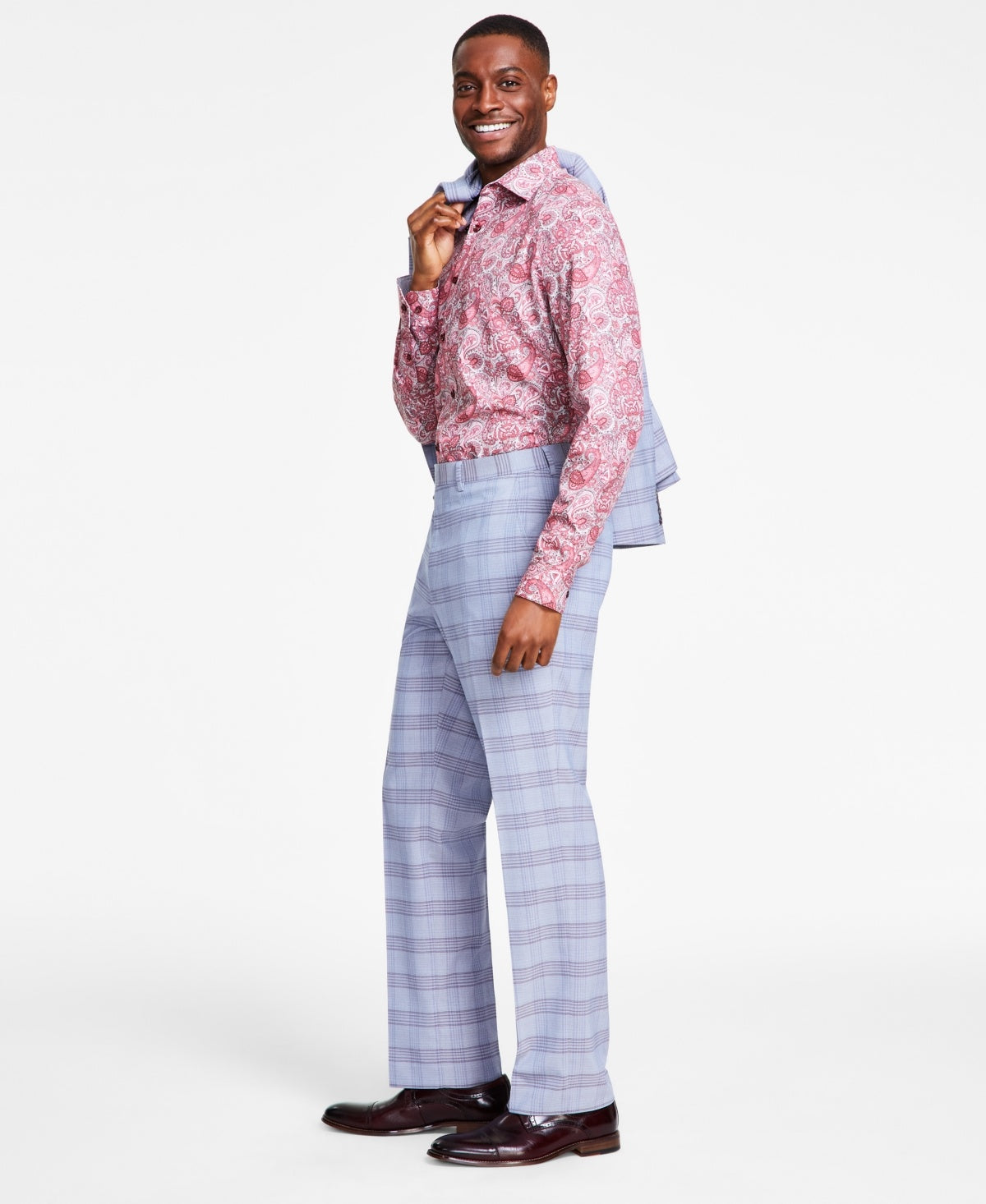 Tayion Collection Mens Classic fit Dress Pants 40 / 30 Light Blue Plaid