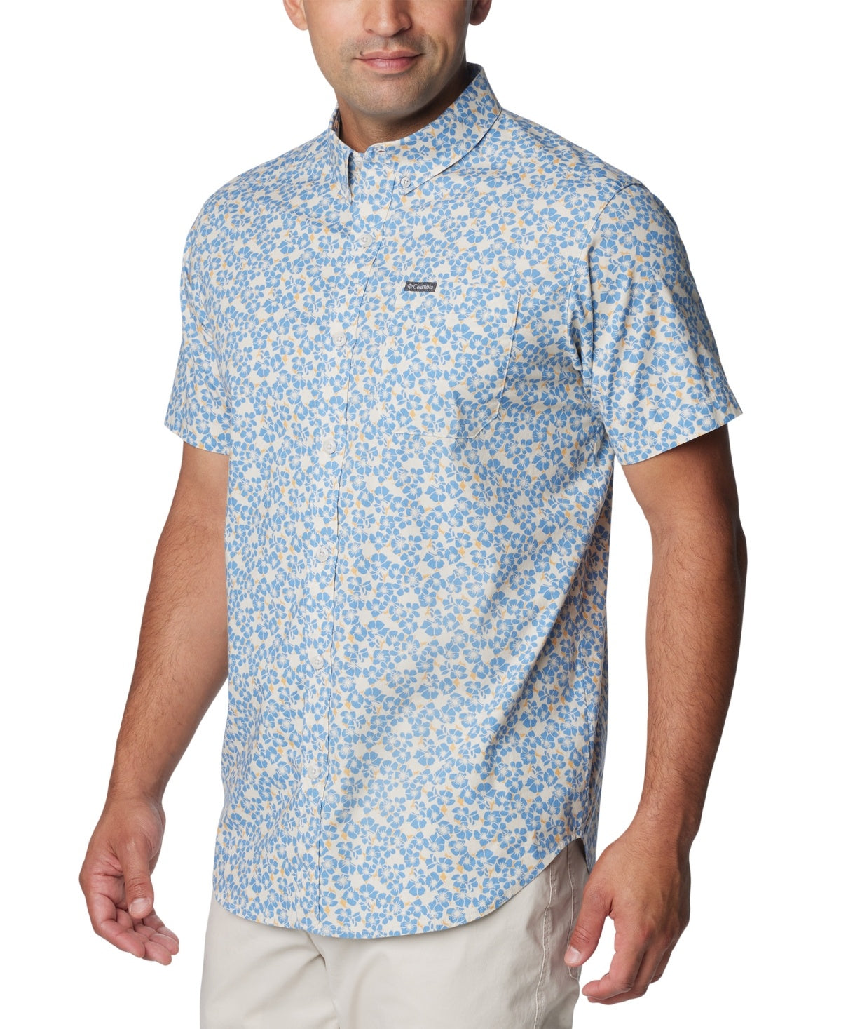 Columbia Mens Regular fit Short Sleeve Button-Up Shirt Small Blue Floral