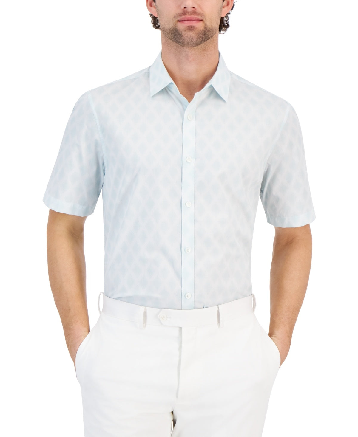 Alfani Mens Regular fit Short Sleeve Button-Up Shirt XXL Green Argyle Diamond