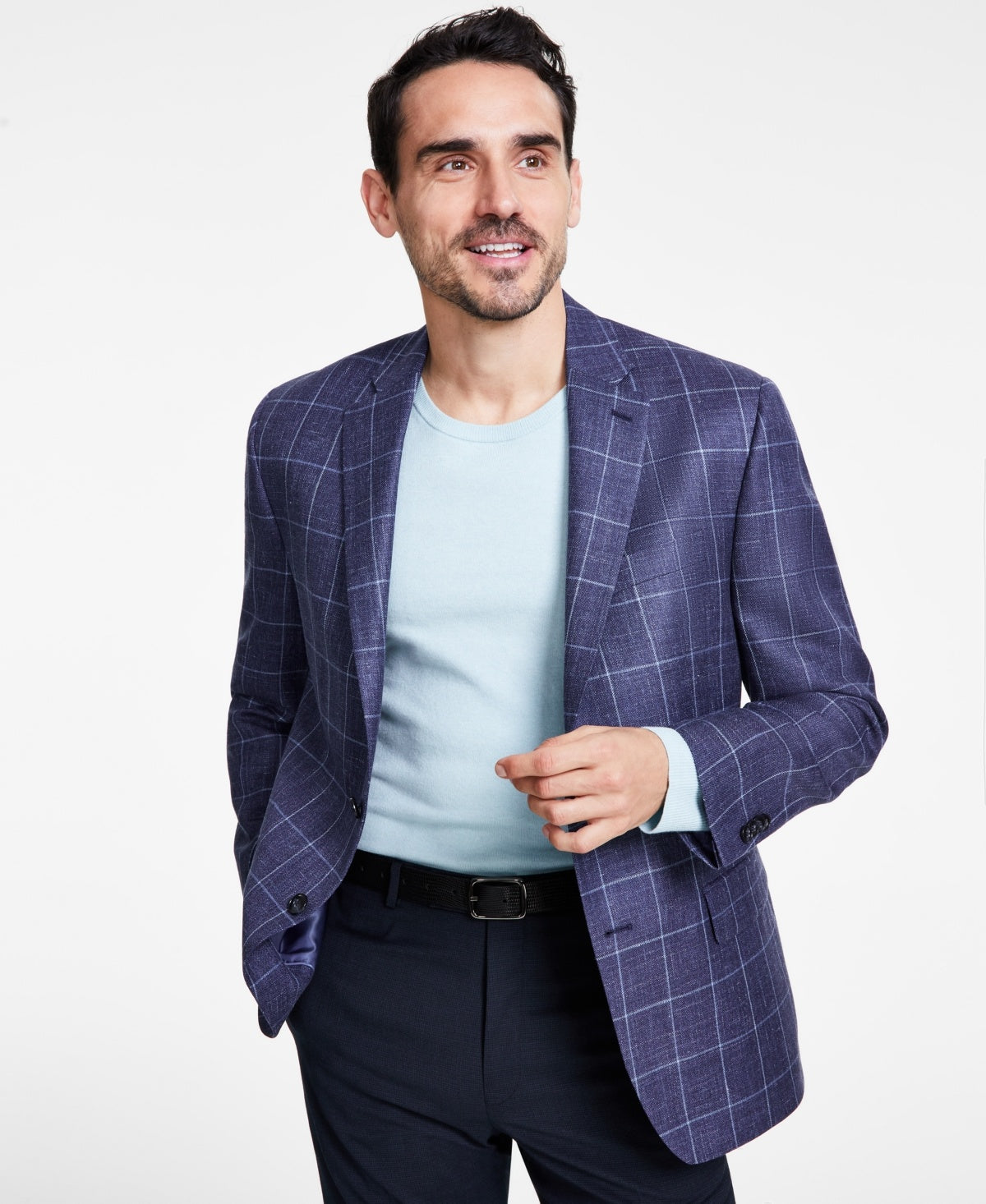 Michael Kors Mens Classic fit Sport Coat Blazer 46 L Navy Blue Plaid