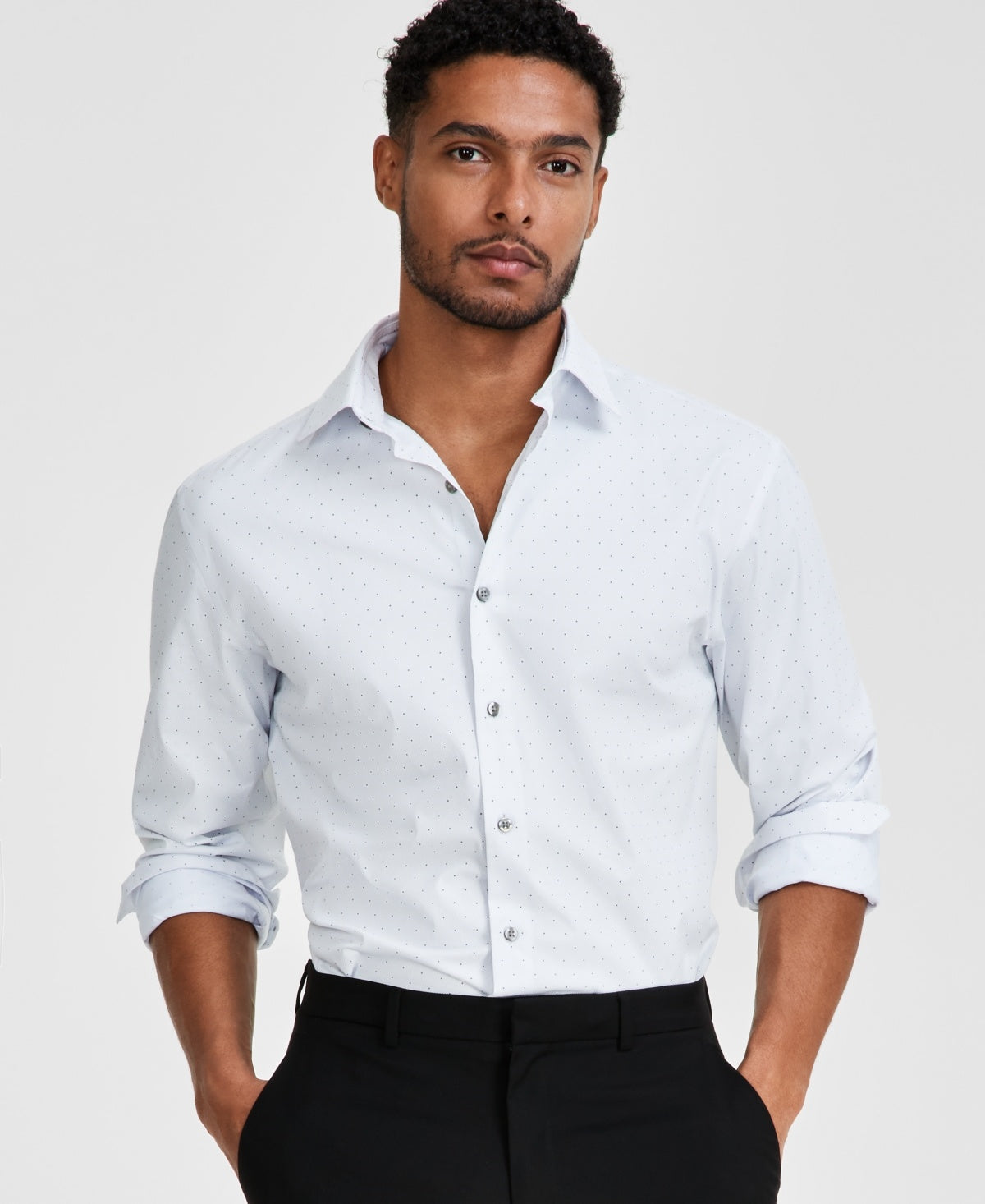 Alfani Mens Regular fit Dress Shirt XL 17-17.5 34-35 White Geometric
