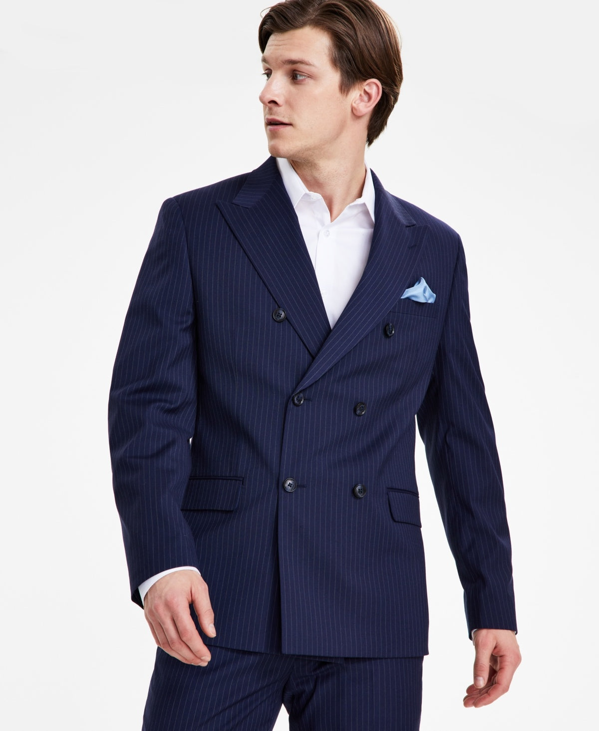 Alfani Men's Navy Slim-Fit Stripe Double Breasted Suit Jacket Blazer 42 S Navy