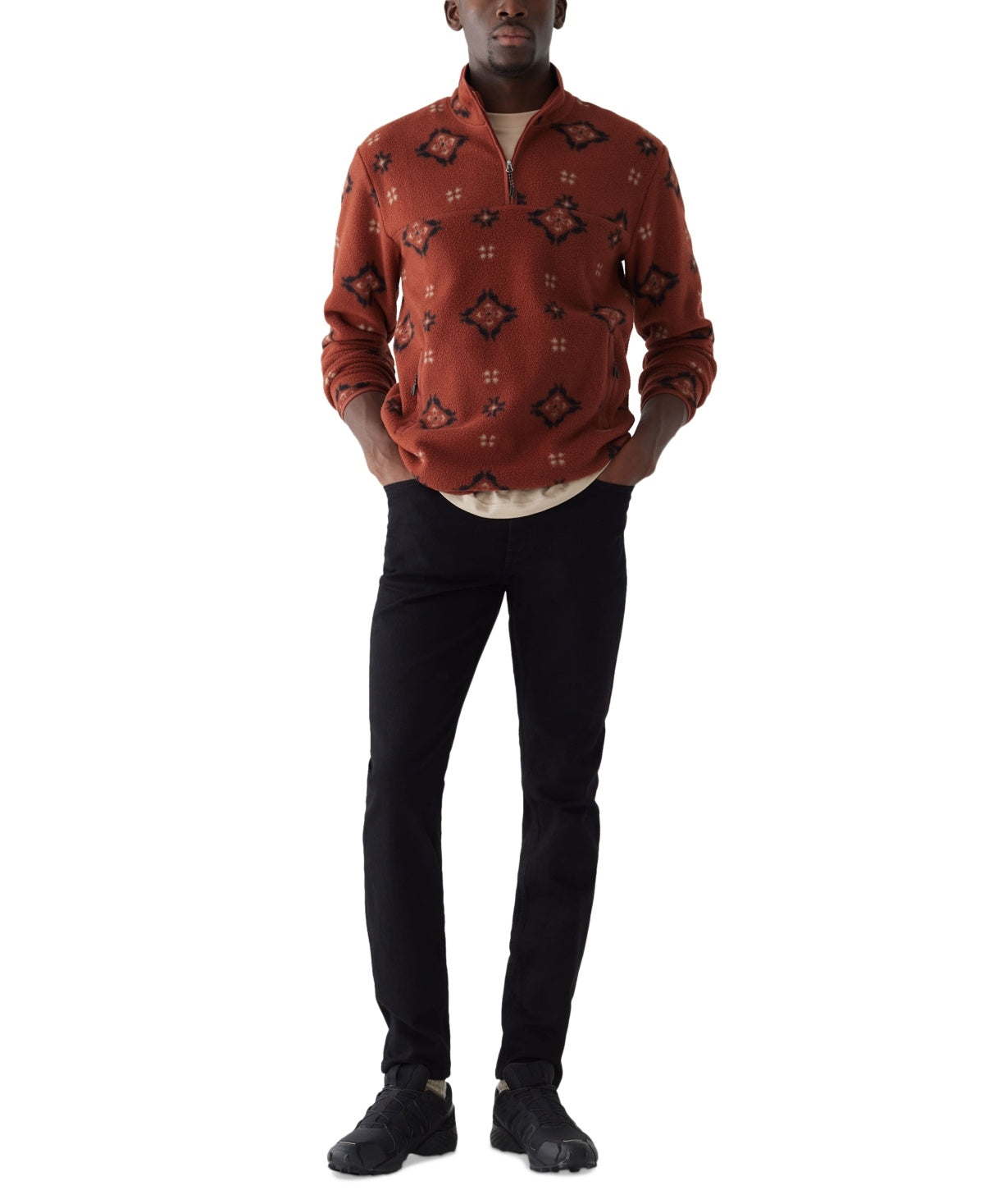 Frank And Oak Men's Relaxed Fit Half Zip Long Sleeve Geo Sweatshirt Red Medium