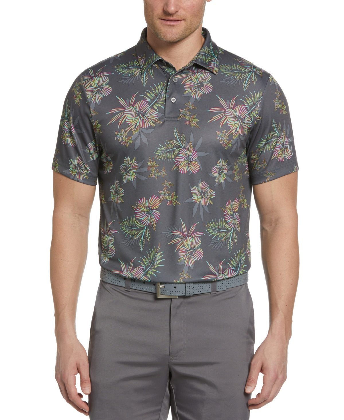 PGA TOUR Men Athletic fit Short Sleeve Polo Shirt Small Grey Floral